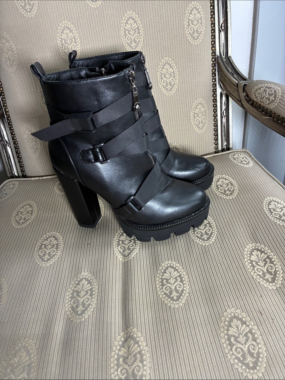 Women's Black Strap Platform Block-Heel Ankle Boots
